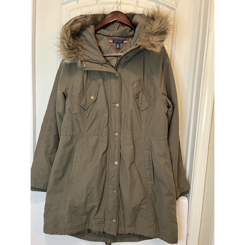Tommy Hilfiger Ladies' Hooded Parka Jacket Full Zip/Snap Closure Olive Size XL